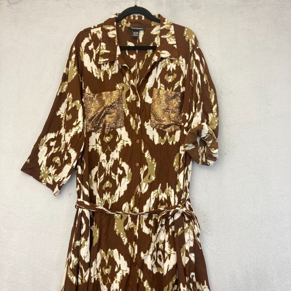 Ashley Stewart Belted Maxi Dress Women's 22/24 Brown Western Rodeo Sharkbite Hem - Picture 4 of 11